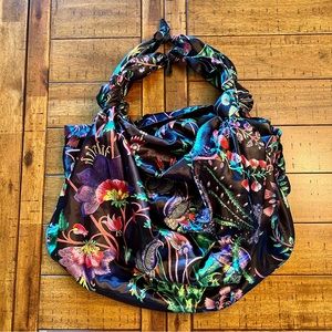 Zara Night Floral Print Silk Scarf Knot Satin Bucket Hobo Bag Purse Tote